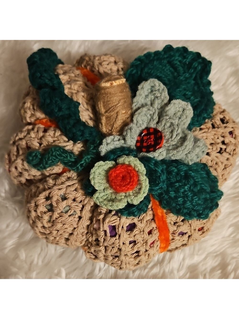 Handmade Brown Cotton Crochet Pumpkin Large Green Floral Accents Upcycled Decor
